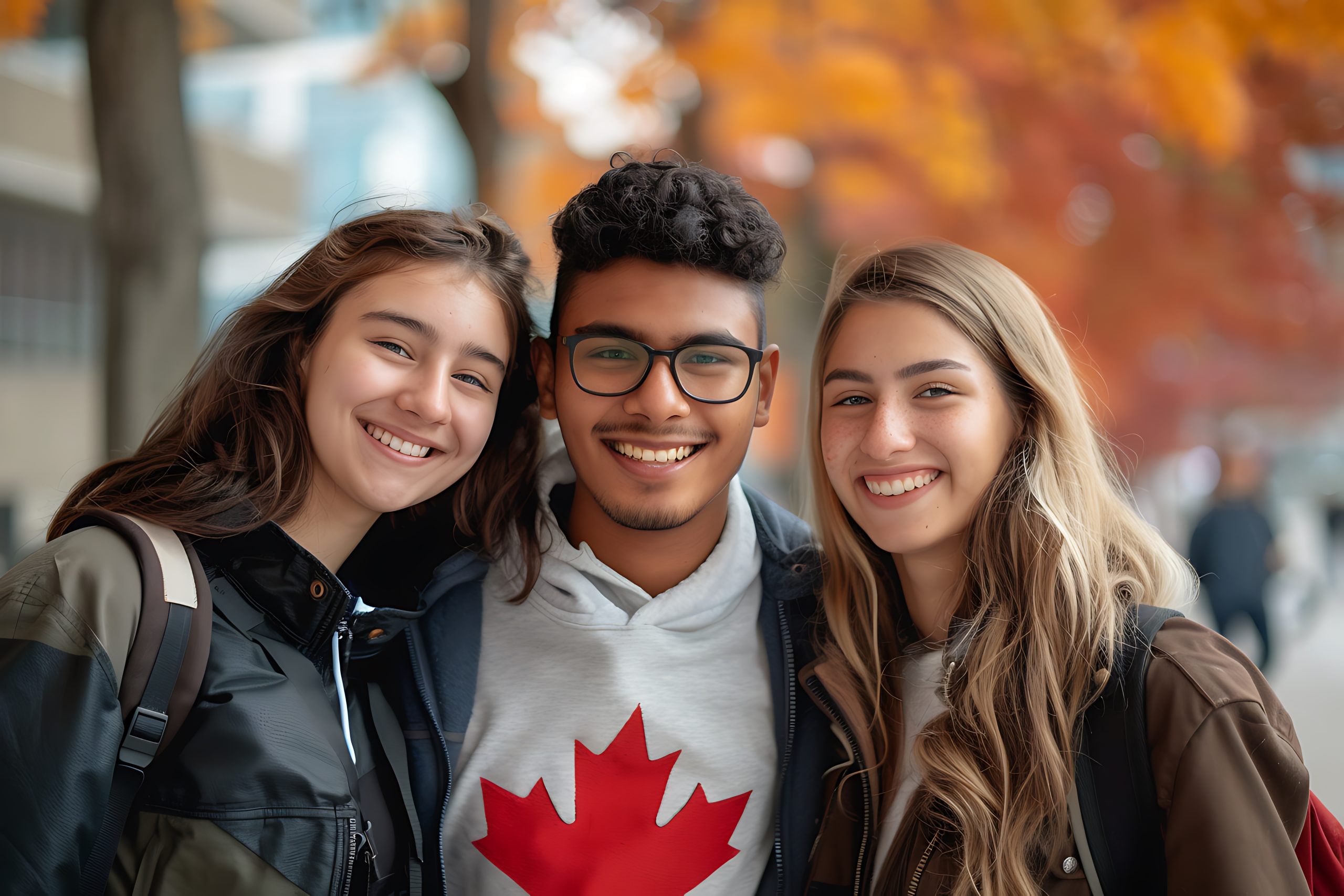 three young people are posing for a picture in front of a building